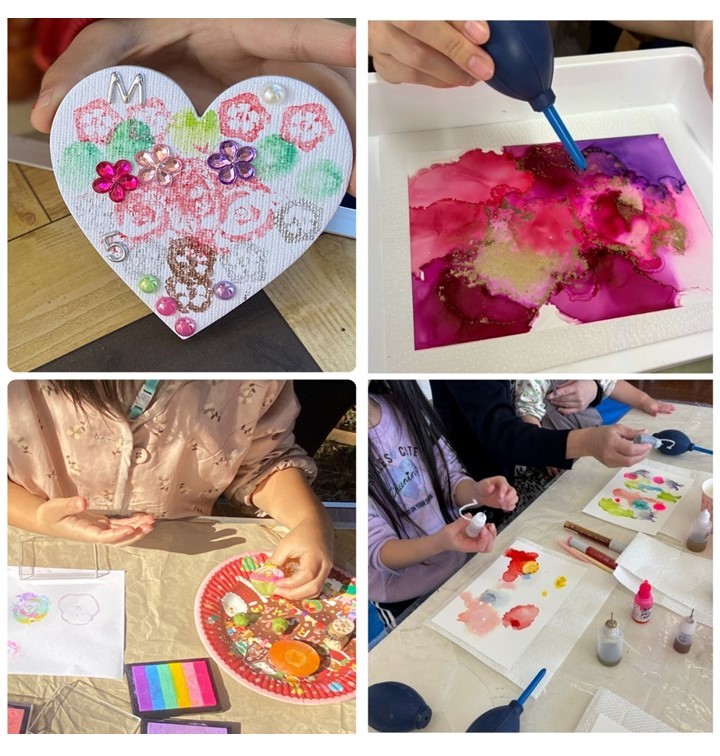 お野菜スタンプとアルコールインクアートの様子